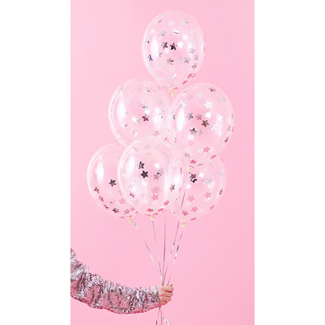 tros van 6 doorzichtige ballonnen met zilverkleurige sterren confetti
