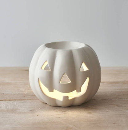 pompoen theelicht houder en oliebrander in crème kleur herfstdecoratie Halloween