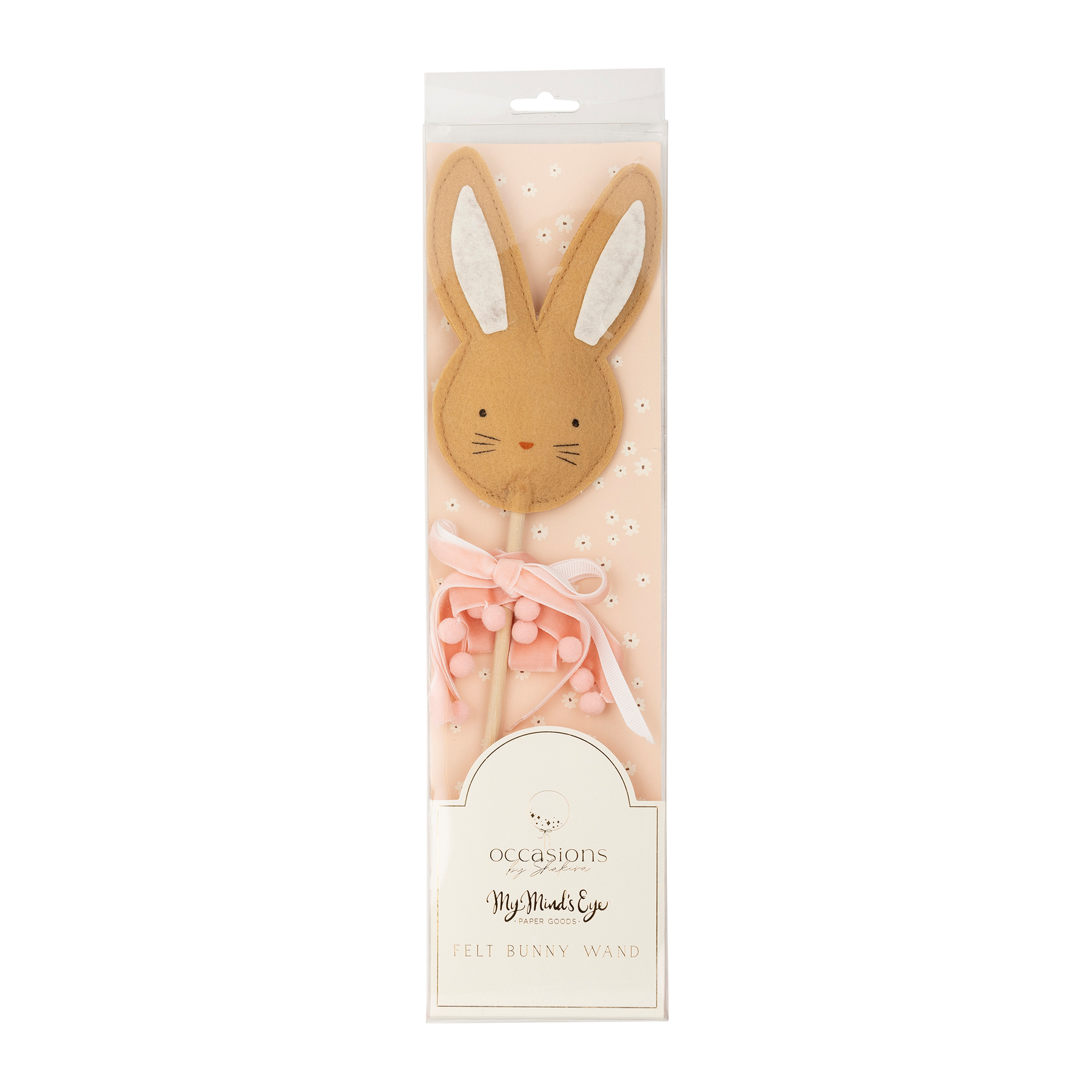 toverstafje met bruin vilten konijntje en roze lintjes